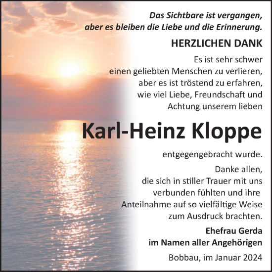 Traueranzeige von Karl-Heinz Kloppe von Trauerkombi Bitterfeld