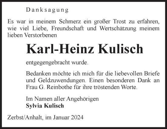 Traueranzeige von Karl-Heinz Kulisch von Volksstimme Zerbst