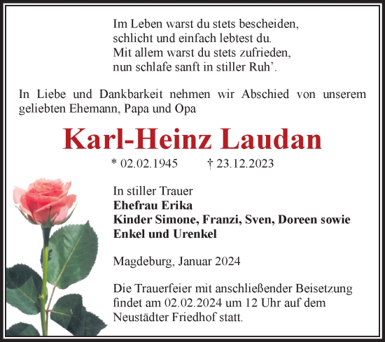 Traueranzeige von Karl-Heinz Laudan von Volksstimme Magdeburg