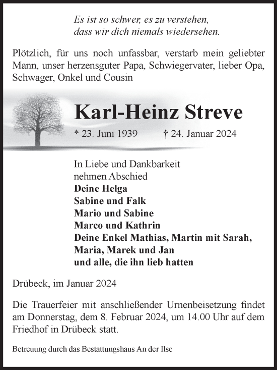 Traueranzeige von Karl-Heinz Streve von Volksstimme Wernigerode