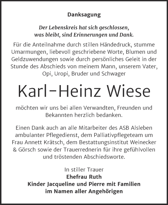 Traueranzeige von Karl-Heinz Wiese von Trauerkombi Bernburg