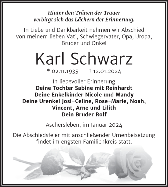 Traueranzeige von Karl Schwarz von Trauerkombi Aschersleben
