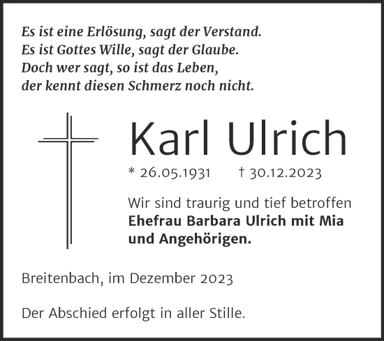 Traueranzeige von Karl Ulrich von Trauerkombi Zeitz
