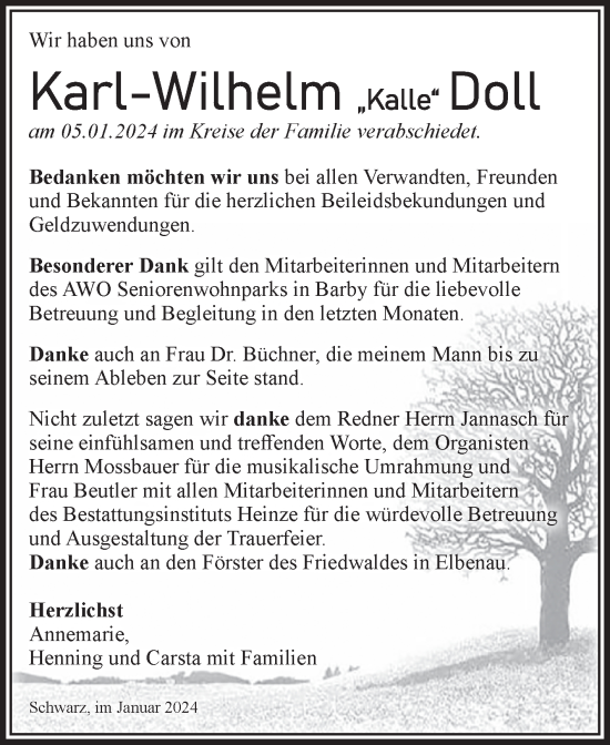Traueranzeige von Karl-Wilhelm Doll von Volksstimme Schönebeck