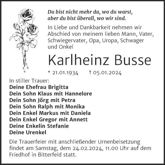 Traueranzeige von Karlheinz Busse von Trauerkombi Bitterfeld
