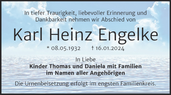 Traueranzeige von Karl Heinz Engelke von Trauerkombi Bernburg