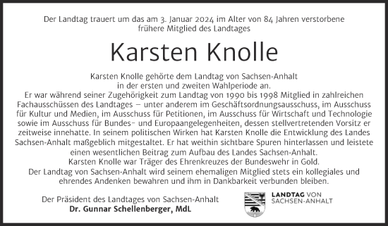 Traueranzeige von Karsten Knolle von Mitteldeutsche Zeitung Gesamt Sachsen-Anhalt Süd