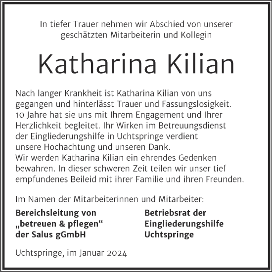 Traueranzeige von Katharina Kilian von Volksstimme Altmark Ost