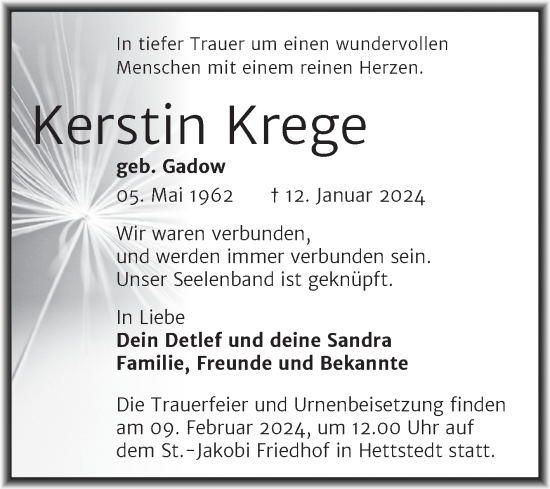 Traueranzeige von Kerstin Krege von Trauerkombi Mansfelder Land