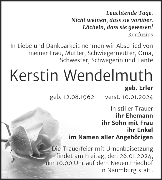 Traueranzeige von Kerstin Wendelmuth von Wochenspiegel Naumburg/Nebra