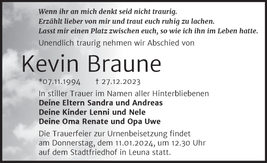 Traueranzeige von Kevin Braune von Trauerkombi Merseburg