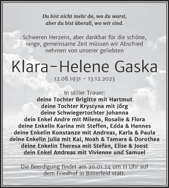 Traueranzeige von Klara-Helene Gaska von Trauerkombi Bitterfeld