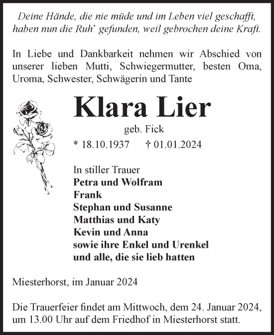Traueranzeige von Klara Lier von Volksstimme Altmark West