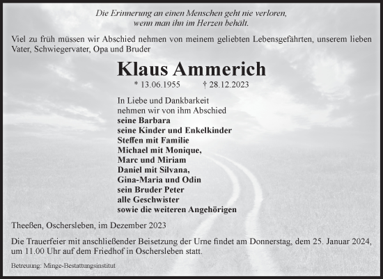 Traueranzeige von Klaus Ammerich von Volksstimme Oschersleben/Wanzleben