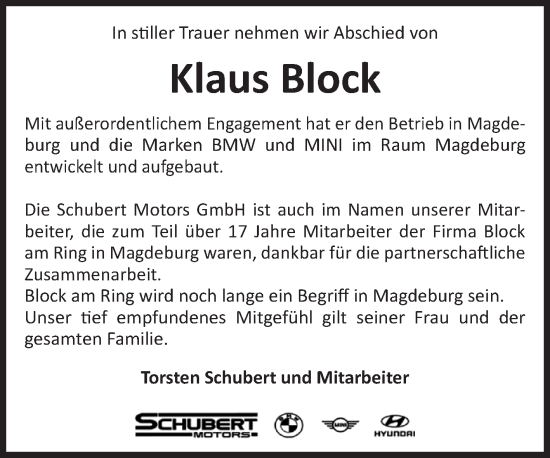 Traueranzeige von Klaus Block von Volksstimme Magdeburg