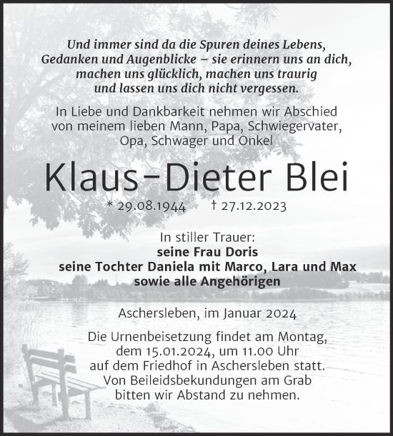 Traueranzeige von Klaus-Dieter Blei von Trauerkombi Aschersleben