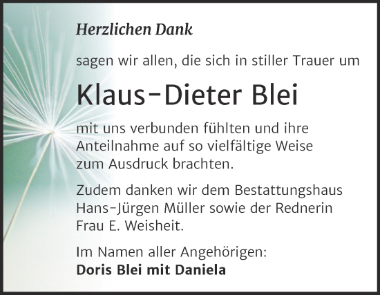 Traueranzeige von Klaus-Dieter Blei von Trauerkombi Aschersleben