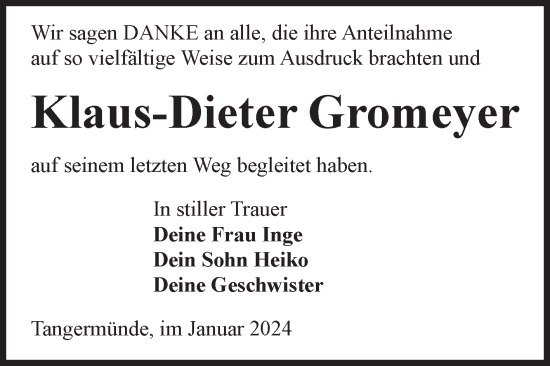 Traueranzeige von Klaus-Dieter Gromeyer von Volksstimme Altmark Ost