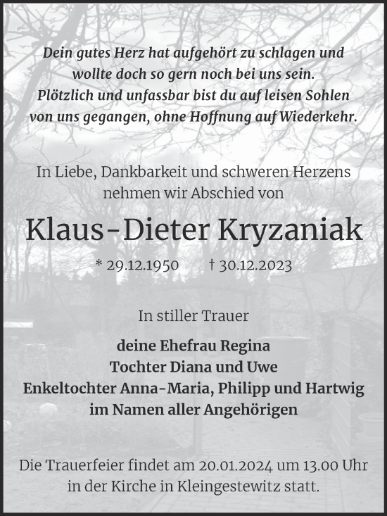 Traueranzeige von Klaus-Dieter Kryzaniak von Wochenspiegel Naumburg/Nebra