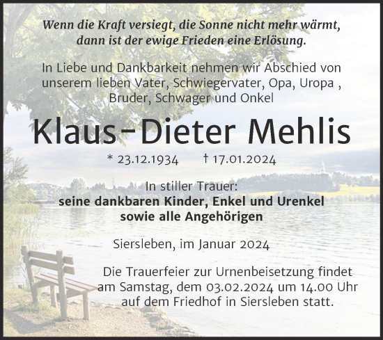 Traueranzeige von Klaus-Dieter Mehlis von Trauerkombi Mansfelder Land