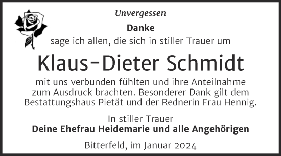 Traueranzeige von Klaus-Dieter Schmidt von Trauerkombi Bitterfeld