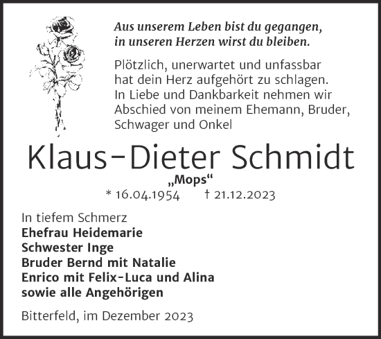 Traueranzeige von Klaus-Dieter Schmidt von Trauerkombi Bitterfeld