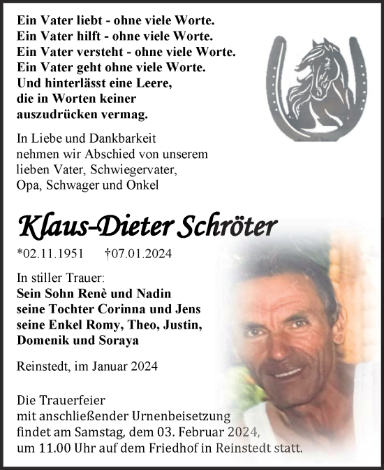 Traueranzeige von Klaus-Dieter Schröter von Trauerkombi Quedlinburg