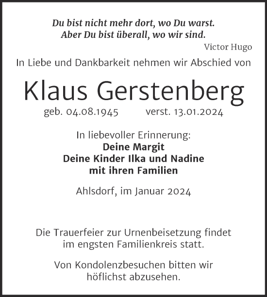 Traueranzeige von Klaus Gerstenberg von Trauerkombi Mansfelder Land