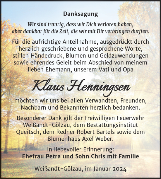 Traueranzeige von Klaus Henningsen von Trauerkombi Köthen