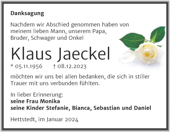 Traueranzeige von Klaus Jaeckel von Trauerkombi Mansfelder Land