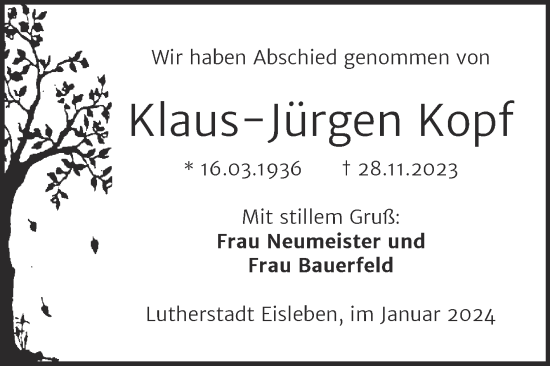 Traueranzeige von Klaus-Jürgen Kopf von Trauerkombi Mansfelder Land