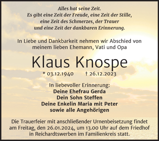 Traueranzeige von Klaus Knospe von Trauerkombi Weißenfels