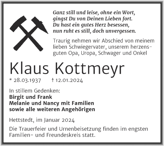 Traueranzeige von Klaus Kottmeyr von Trauerkombi Mansfelder Land