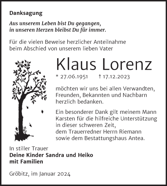Traueranzeige von Klaus Lorenz von Trauerkombi Weißenfels