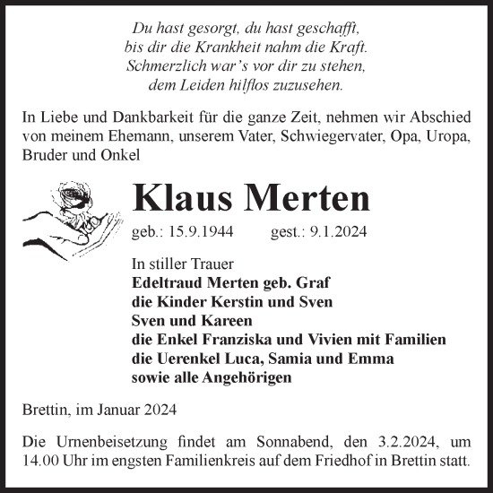 Traueranzeige von Klaus Merten von Volksstimme Burg/Genthin