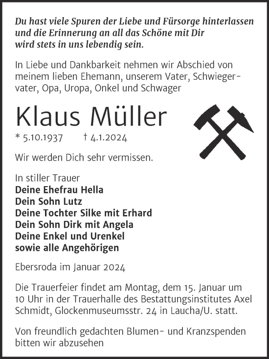 Traueranzeige von Klaus Müller von Naumburger Tageblatt