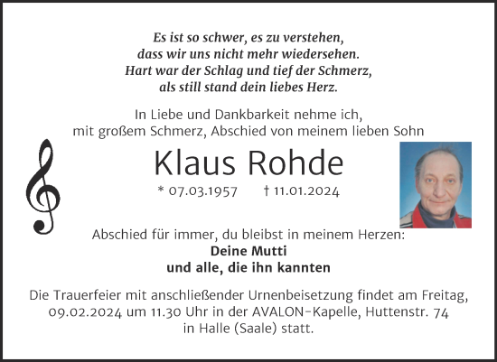 Traueranzeige von Klaus Rohde von Mitteldeutsche Zeitung Halle/Saalkreis