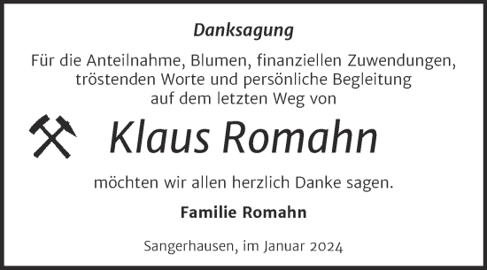 Traueranzeige von Klaus Romahn von Mitteldeutsche Zeitung Sangerhausen