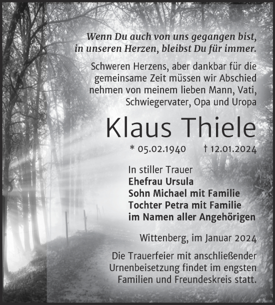 Traueranzeige von Klaus Thiele von Trauerkombi Wittenberg
