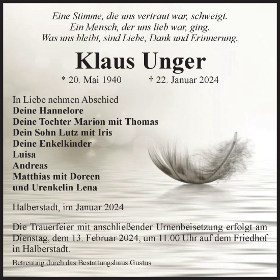 Traueranzeige von Klaus Unger von Volksstimme Halberstadt