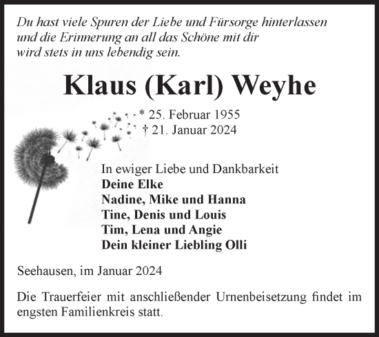 Traueranzeige von Klaus Weyhe von Volksstimme Altmark Ost