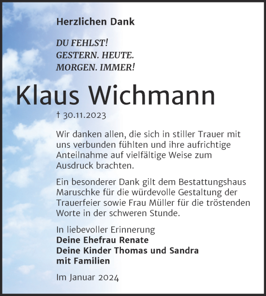 Traueranzeige von Klaus Wichmann von Trauerkombi Bitterfeld