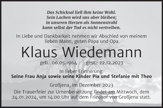 Traueranzeige von Klaus Wiedemann von Wochenspiegel Naumburg/Nebra
