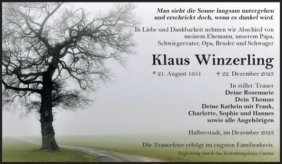 Traueranzeige von Klaus Winzerling von Volksstimme Halberstadt