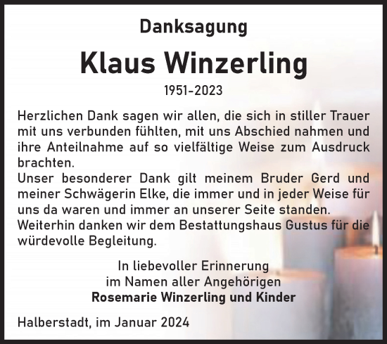 Traueranzeige von Klaus Winzerling von Volksstimme Halberstadt
