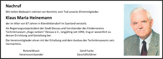 Traueranzeige von Klaus Maria Heinemann von Mitteldeutsche Zeitung Dessau-Roßlau