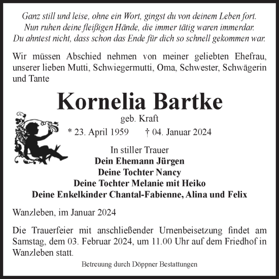 Traueranzeige von Kornelia Bartke von Volksstimme Oschersleben/Wanzleben