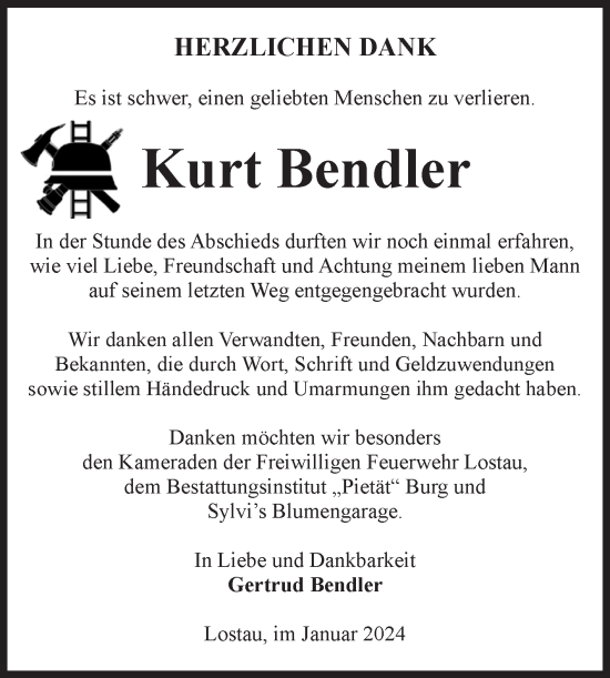Traueranzeige von Kurt Bendler von Volksstimme Burg/Genthin