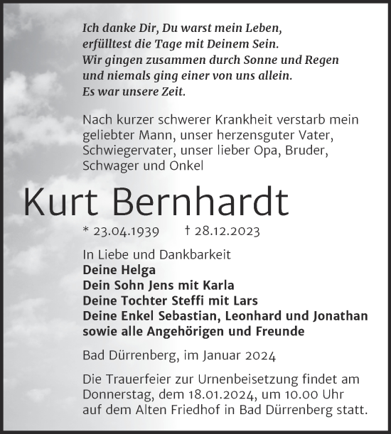 Traueranzeige von Kurt Bernhardt von Trauerkombi Merseburg