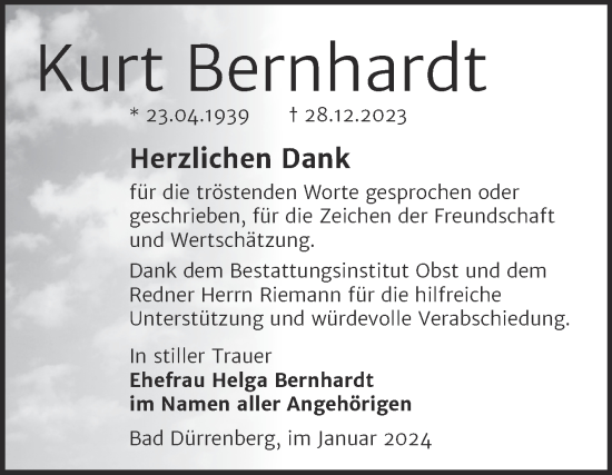 Traueranzeige von Kurt Bernhardt von Trauerkombi Merseburg
